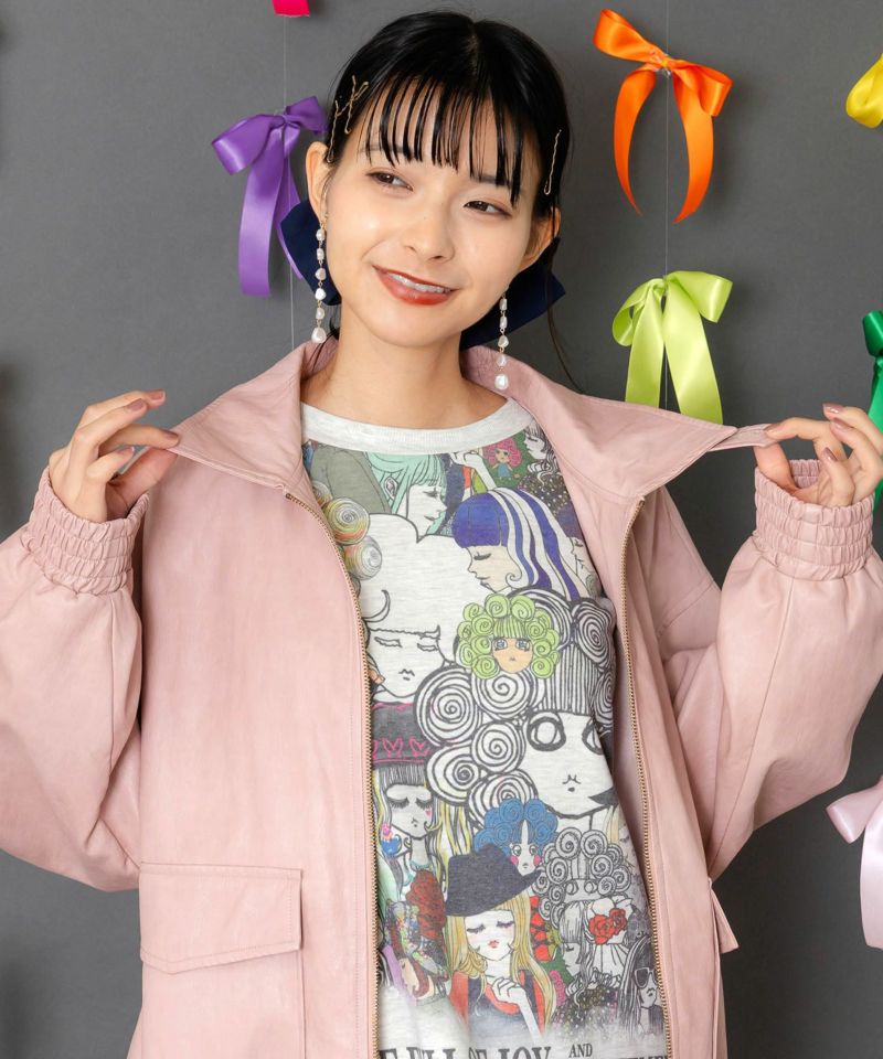 ネコ刺繍フェイクレザー×裏毛ブルゾン-6