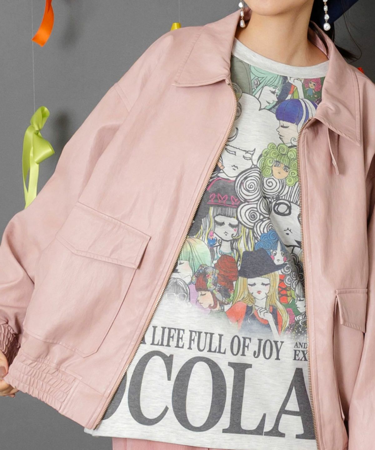 ネコ刺繍フェイクレザー×裏毛ブルゾン-7