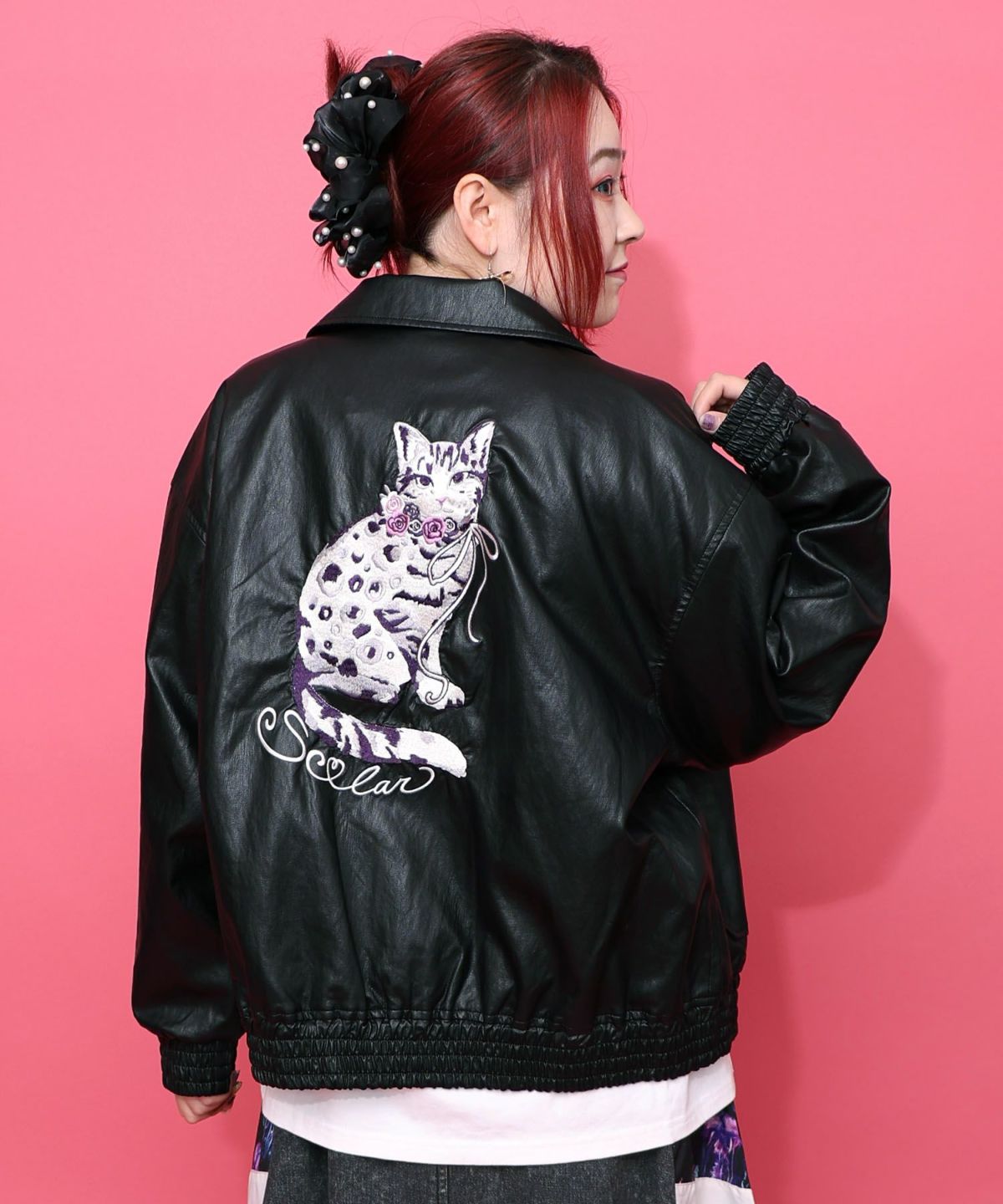 ネコ刺繍フェイクレザー×裏毛ブルゾン-9