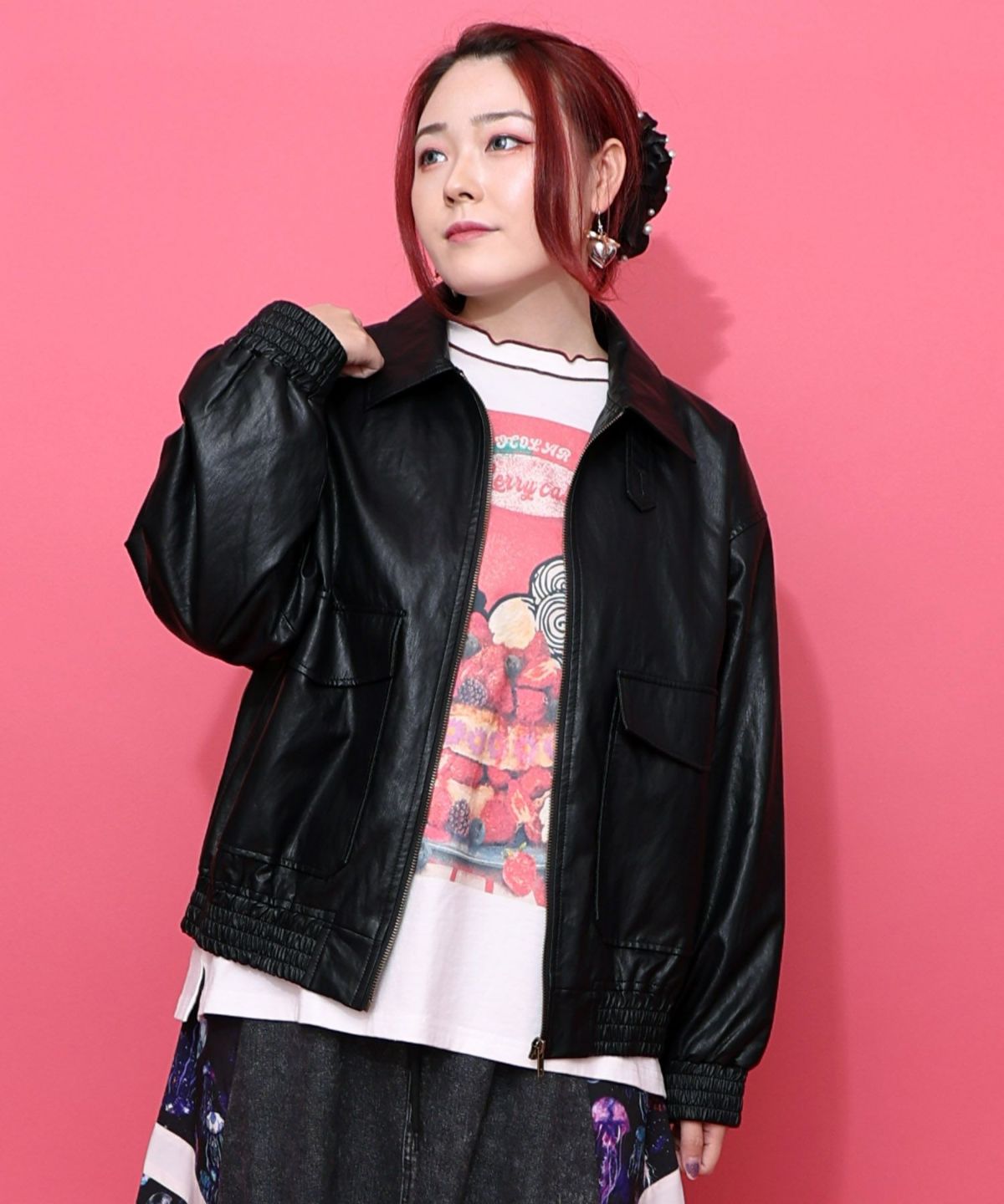 ネコ刺繍フェイクレザー×裏毛ブルゾン-10