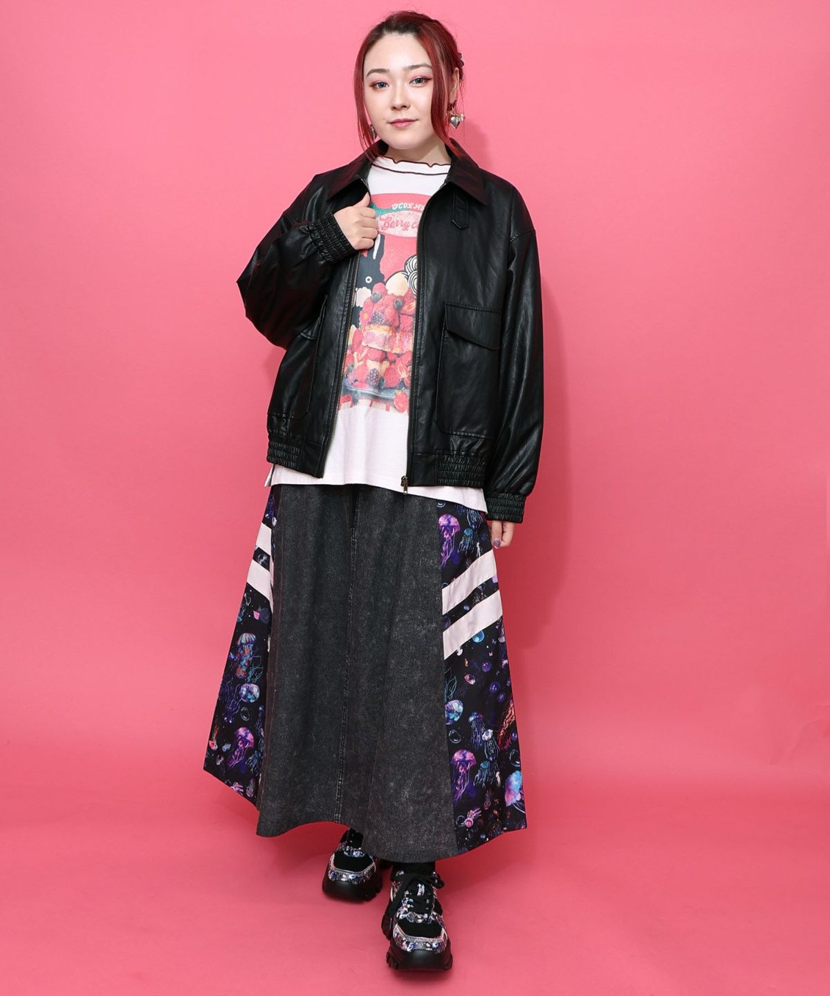 ネコ刺繍フェイクレザー×裏毛ブルゾン-11