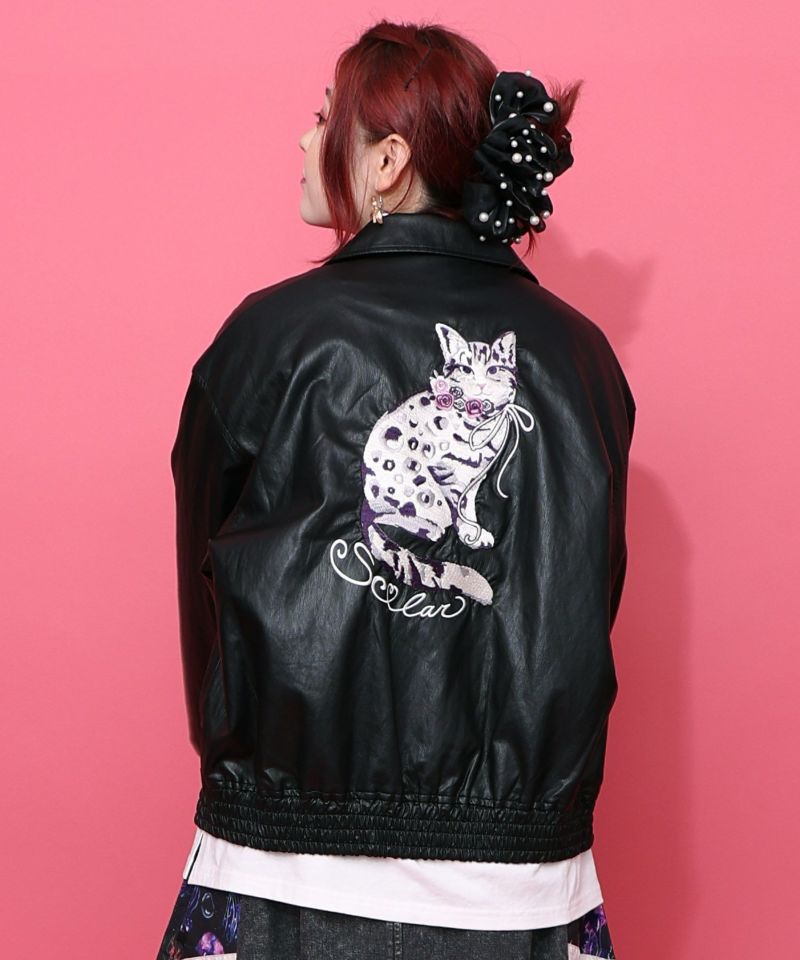 ネコ刺繍フェイクレザー×裏毛ブルゾン-13