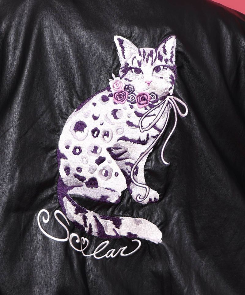 ネコ刺繍フェイクレザー×裏毛ブルゾン-14