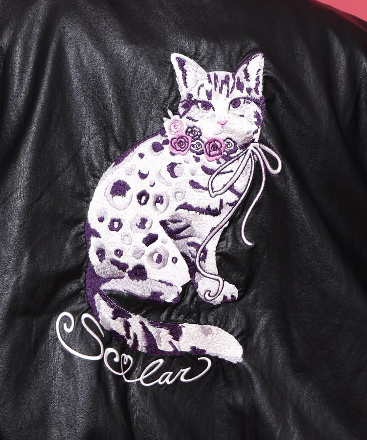 ネコ刺繍フェイクレザー×裏毛ブルゾン-14