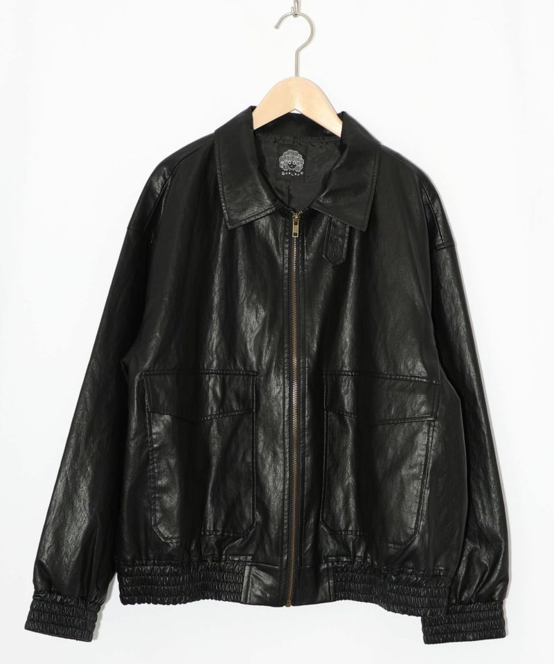 ネコ刺繍フェイクレザー×裏毛ブルゾン-15