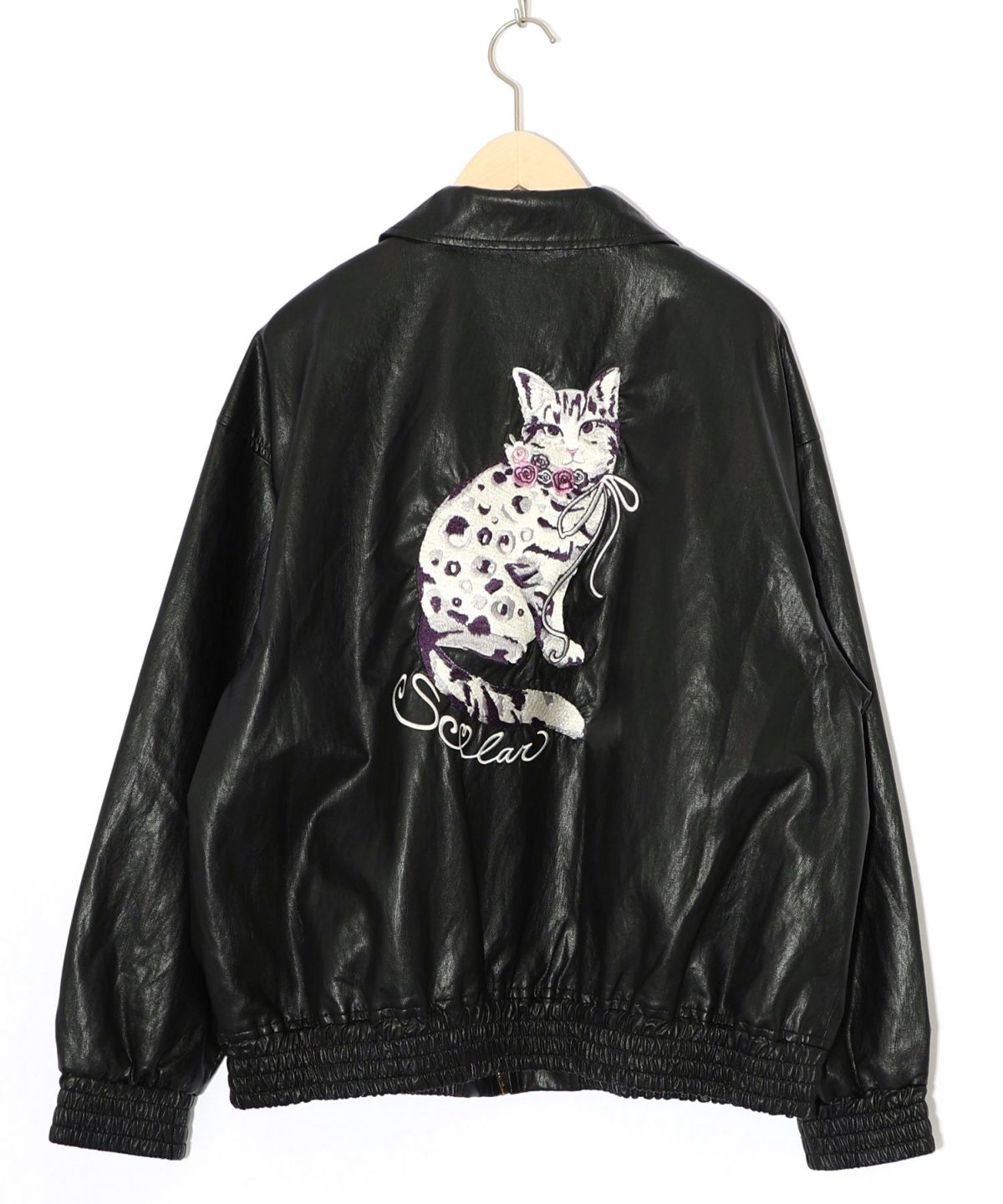ネコ刺繍フェイクレザー×裏毛ブルゾン-16