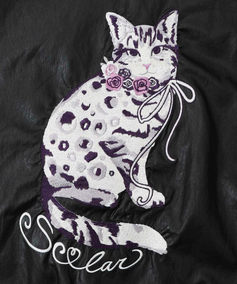 ネコ刺繍フェイクレザー×裏毛ブルゾン-17