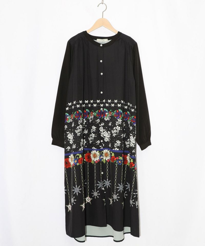 冬のオーナメント×花柄 前開きワンピース-9