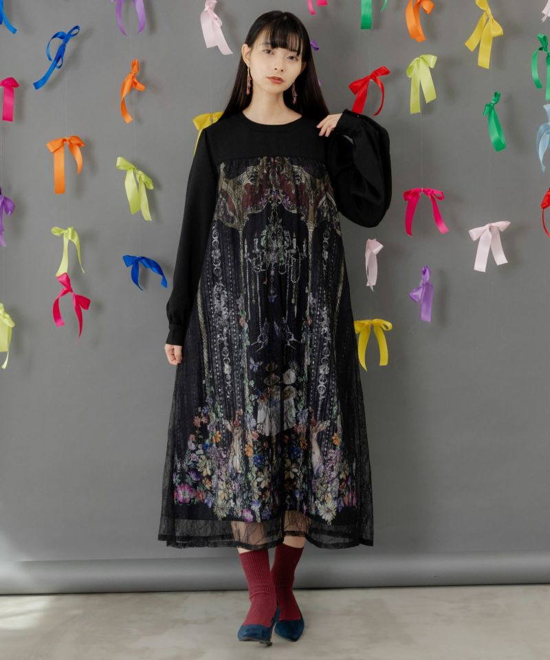 ガーデンティーパーティ柄 布帛×チュールレースワンピース-1