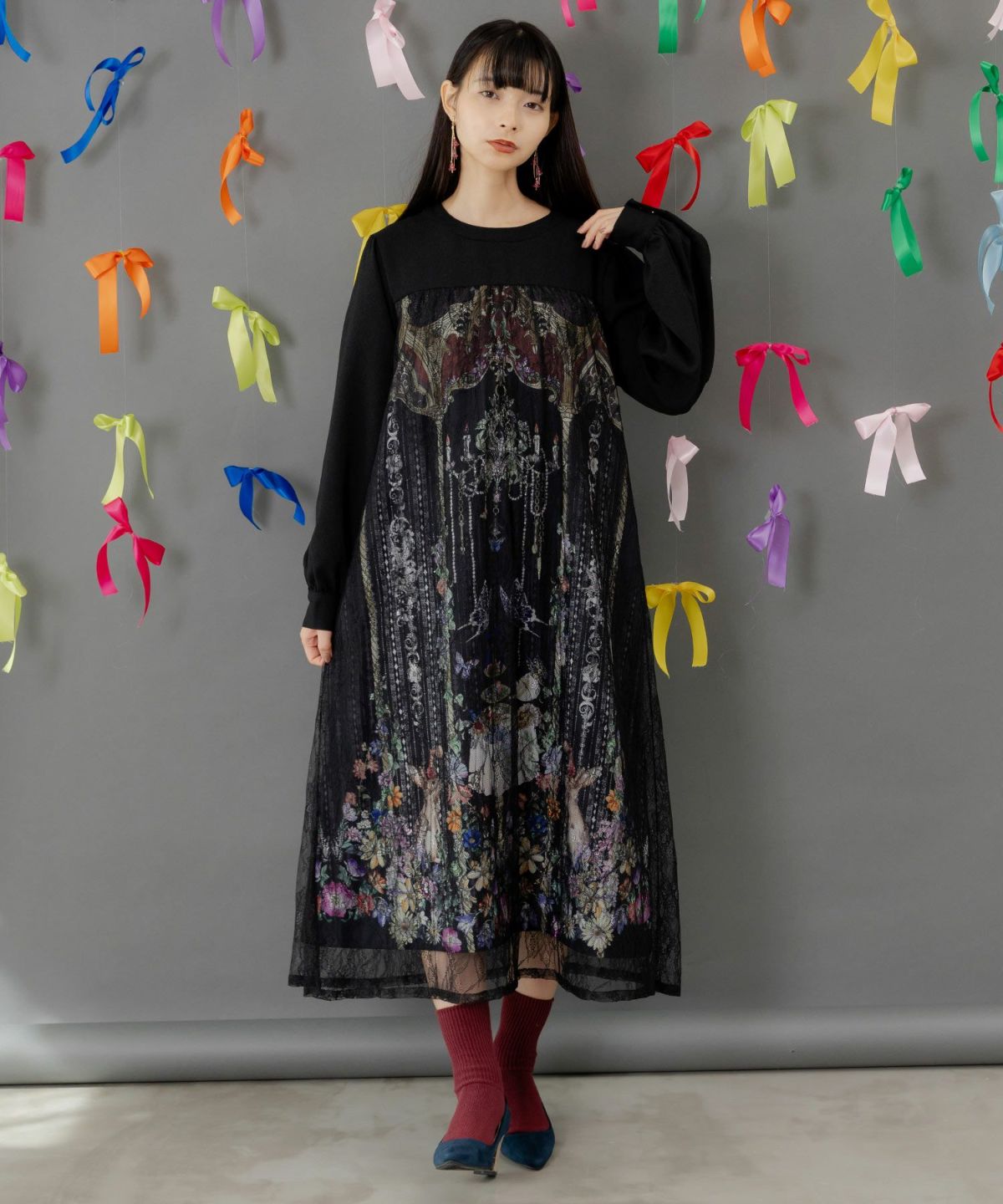 ガーデンティーパーティ柄 布帛×チュールレースワンピース-1