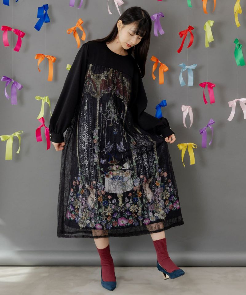 ガーデンティーパーティ柄 布帛×チュールレースワンピース-2