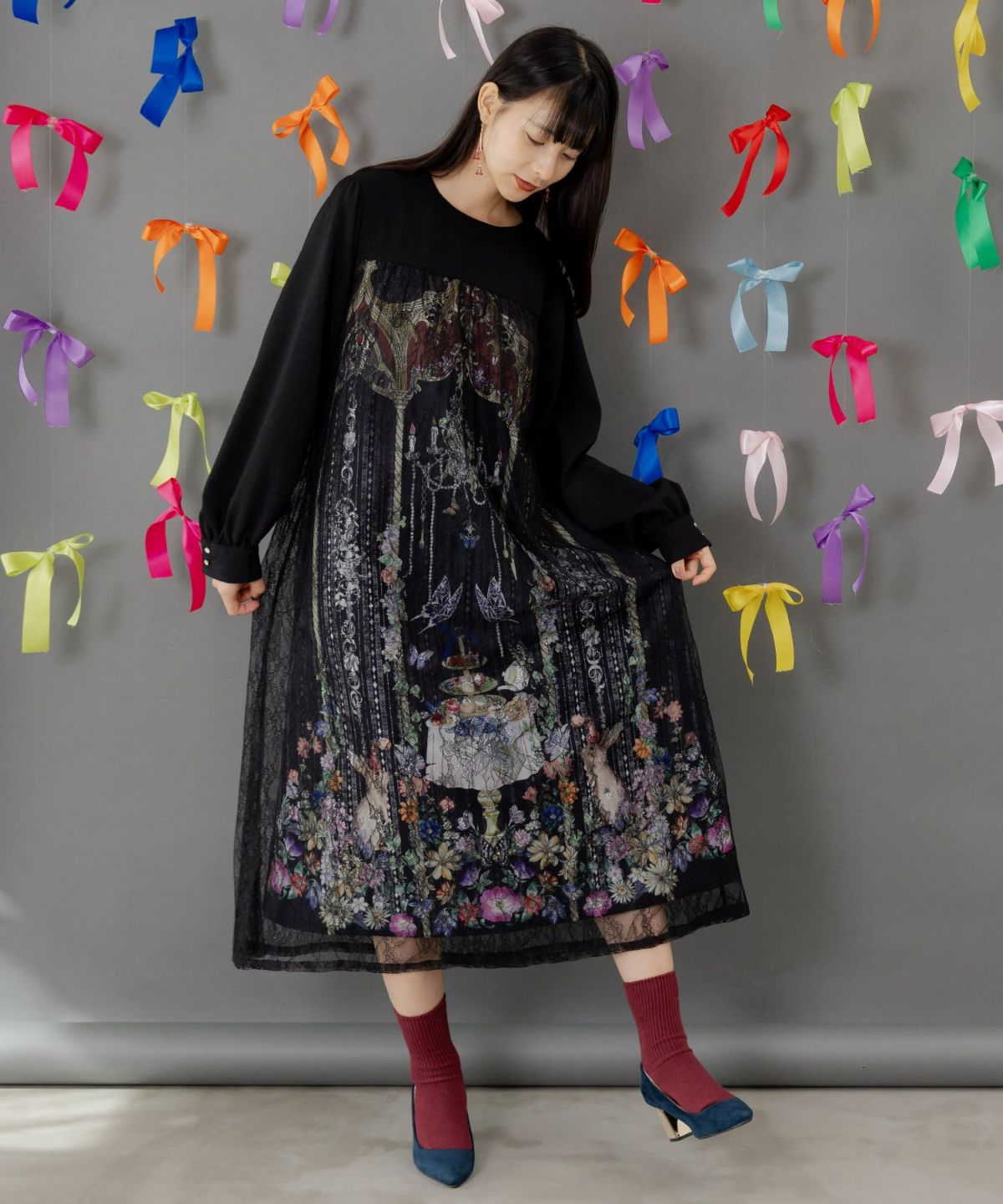 ガーデンティーパーティ柄 布帛×チュールレースワンピース-2