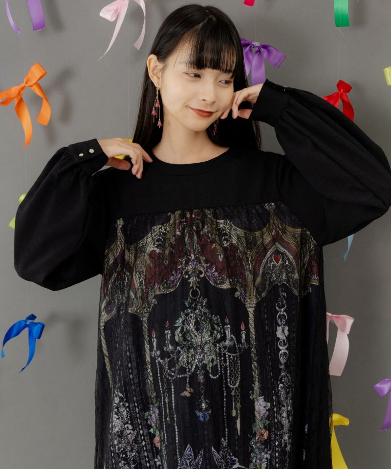 ガーデンティーパーティ柄 布帛×チュールレースワンピース-3