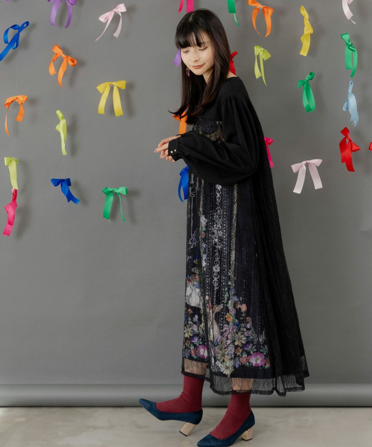 ガーデンティーパーティ柄 布帛×チュールレースワンピース-4