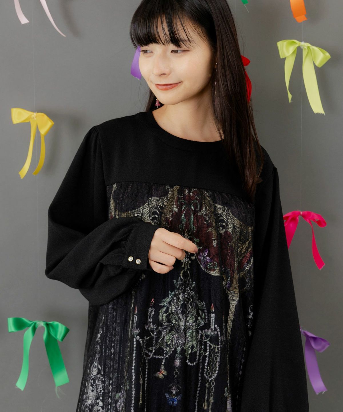 ガーデンティーパーティ柄 布帛×チュールレースワンピース-5