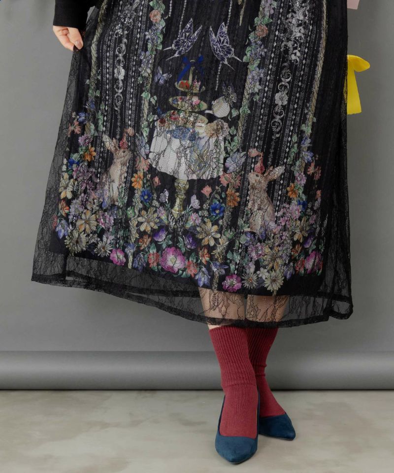 ガーデンティーパーティ柄 布帛×チュールレースワンピース-7