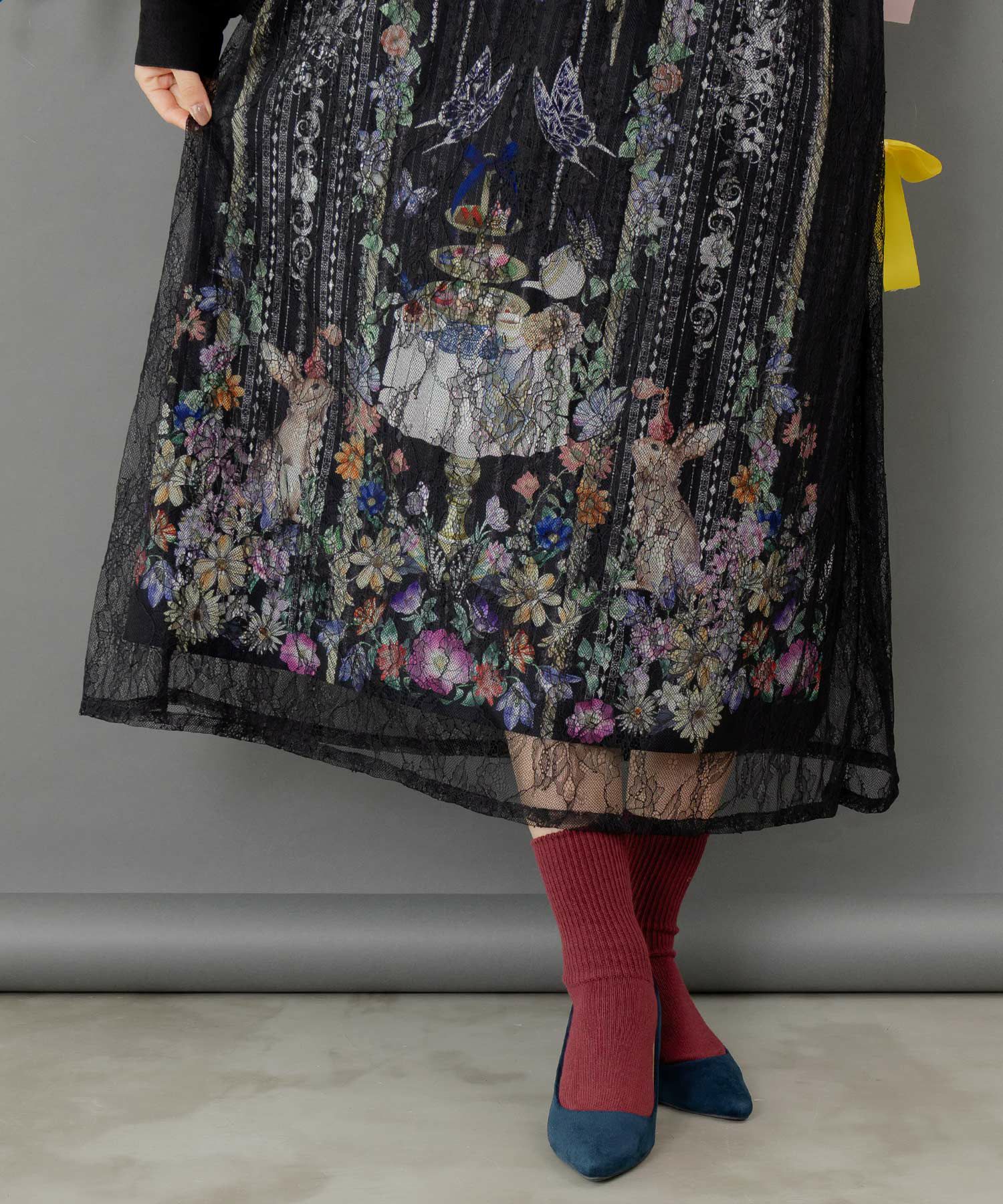 ガーデンティーパーティ柄 布帛×チュールレースワンピース-7