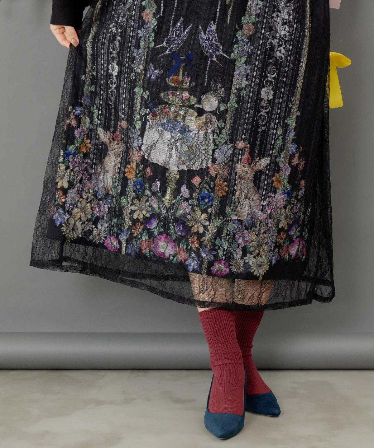 ガーデンティーパーティ柄 布帛×チュールレースワンピース-7