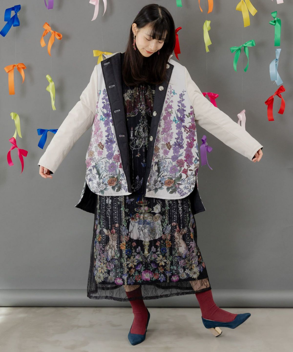 ガーデンティーパーティ柄 布帛×チュールレースワンピース-8