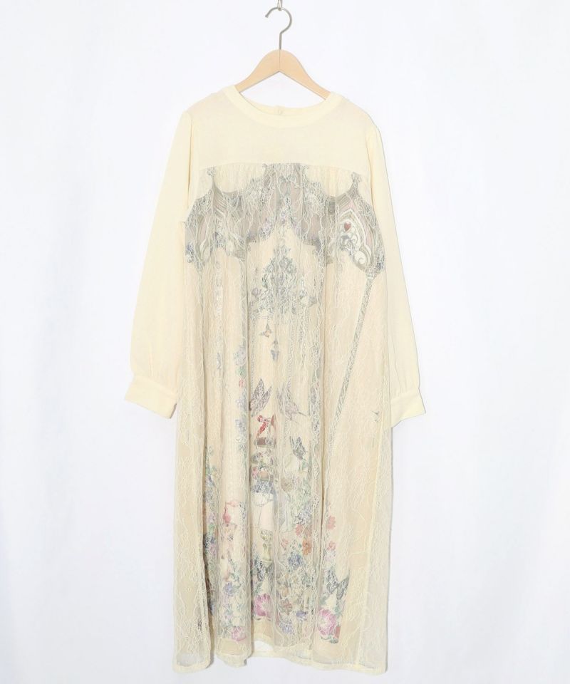 ガーデンティーパーティ柄 布帛×チュールレースワンピース-9