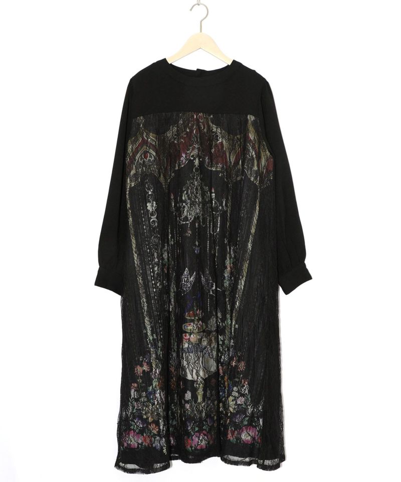 ガーデンティーパーティ柄 布帛×チュールレースワンピース-12