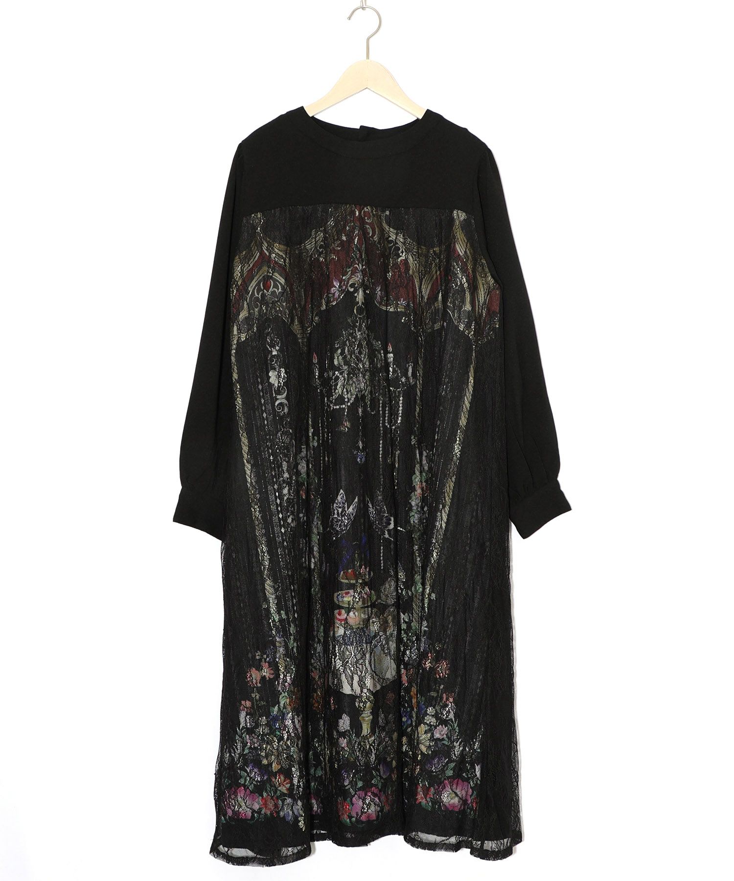 ガーデンティーパーティ柄 布帛×チュールレースワンピース-12