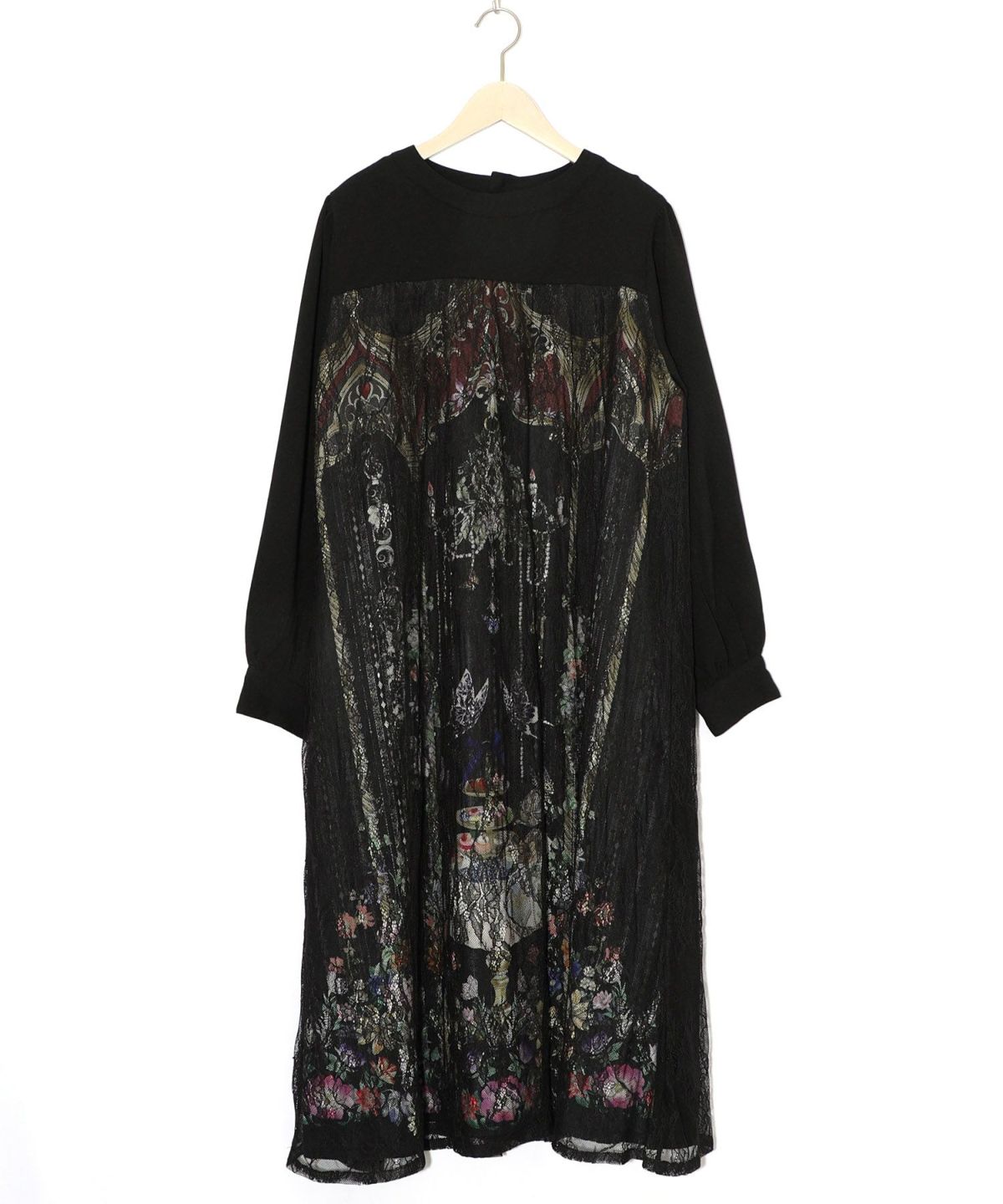 ガーデンティーパーティ柄 布帛×チュールレースワンピース-12