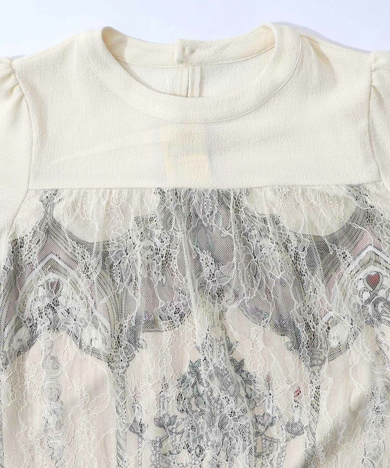 ガーデンティーパーティ柄 布帛×チュールレースワンピース-15