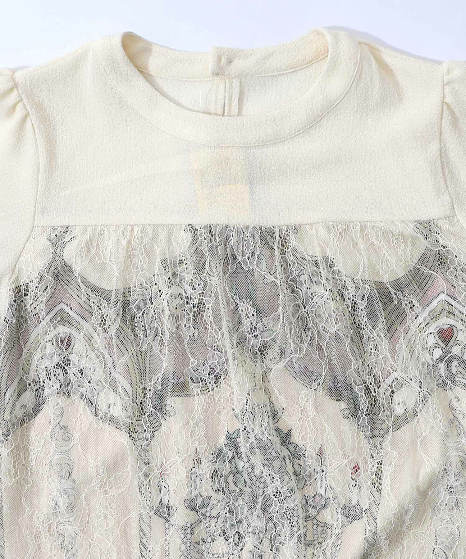 ガーデンティーパーティ柄 布帛×チュールレースワンピース-15