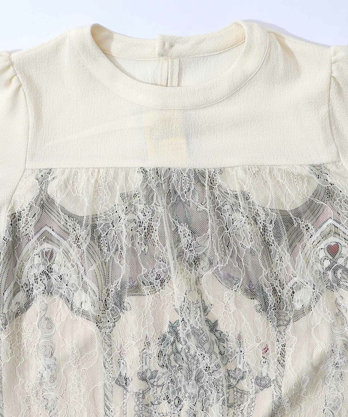 ガーデンティーパーティ柄 布帛×チュールレースワンピース-15