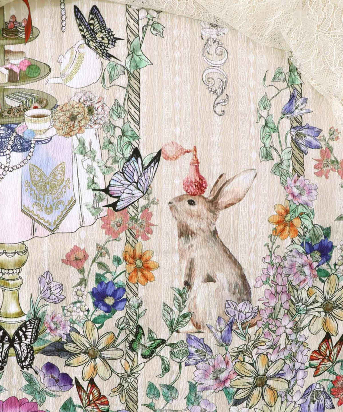 ガーデンティーパーティ柄 布帛×チュールレースワンピース-21