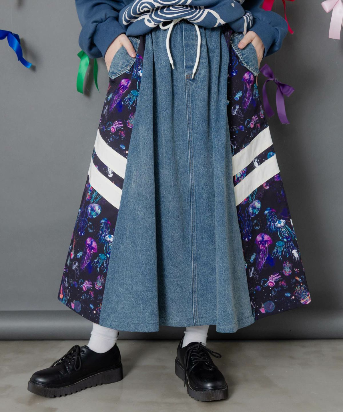 クラゲ柄ナイロン×デニムスカート-1