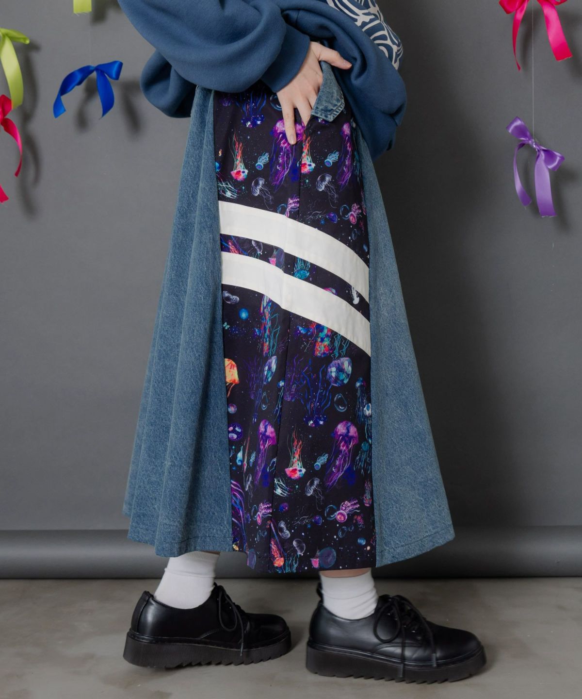 クラゲ柄ナイロン×デニムスカート-4
