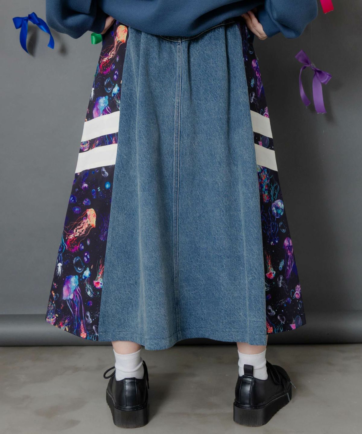 クラゲ柄ナイロン×デニムスカート-5