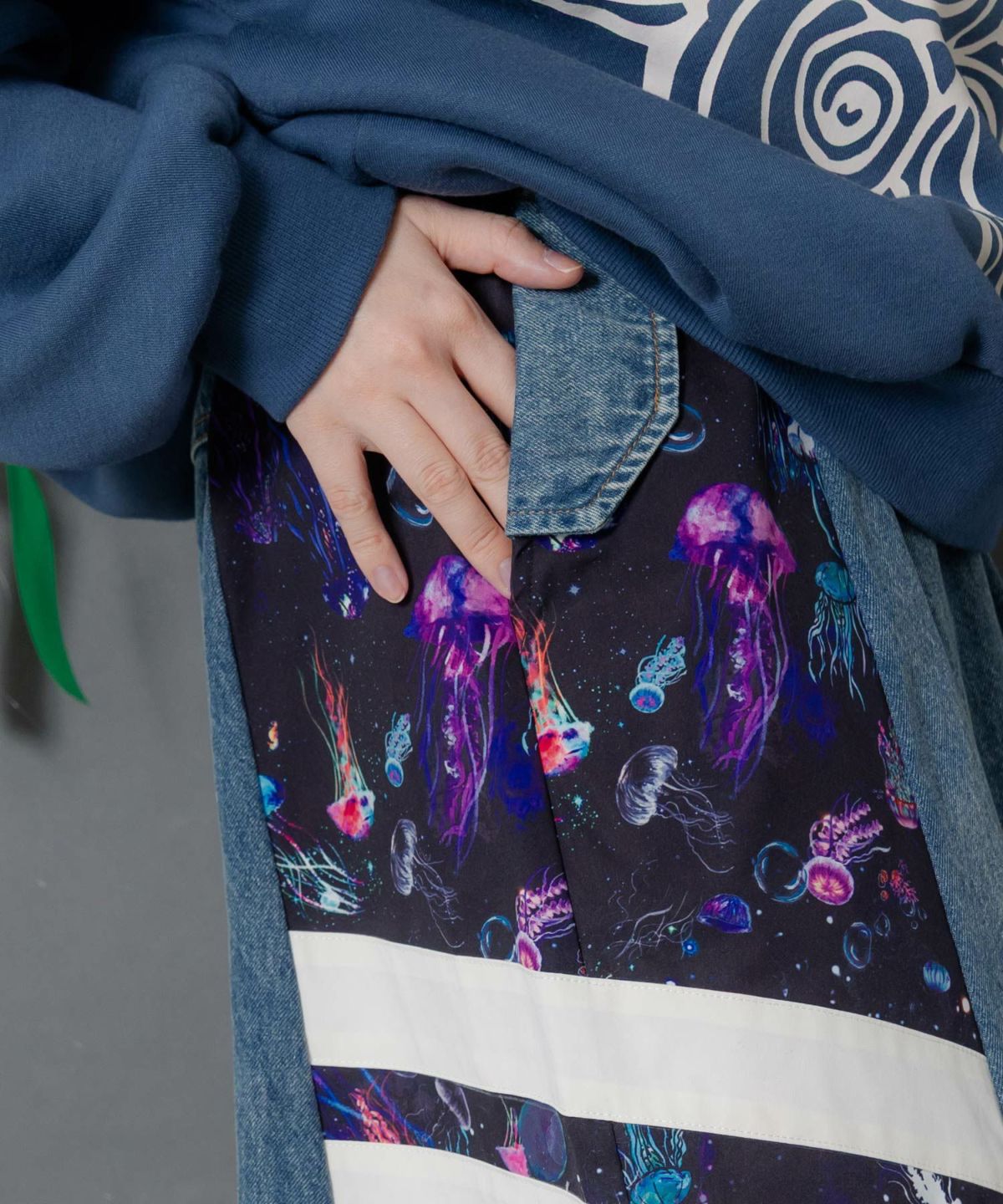 クラゲ柄ナイロン×デニムスカート-7