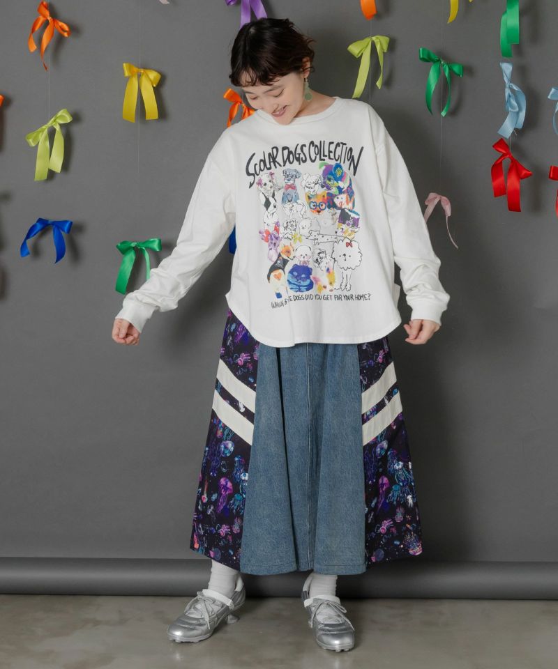 クラゲ柄ナイロン×デニムスカート-9