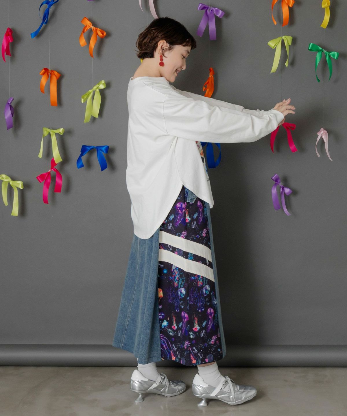 クラゲ柄ナイロン×デニムスカート-10