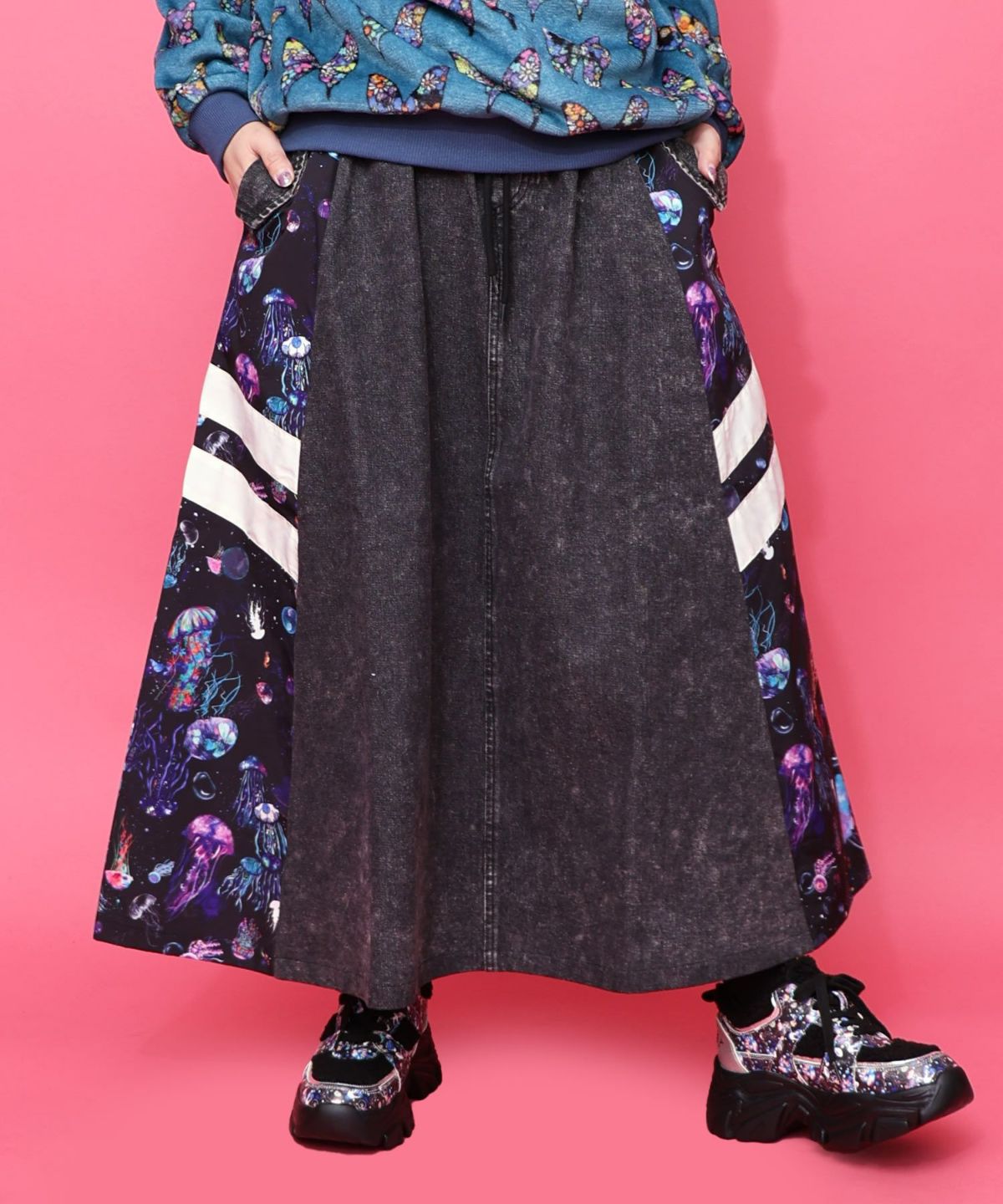 クラゲ柄ナイロン×デニムスカート-11