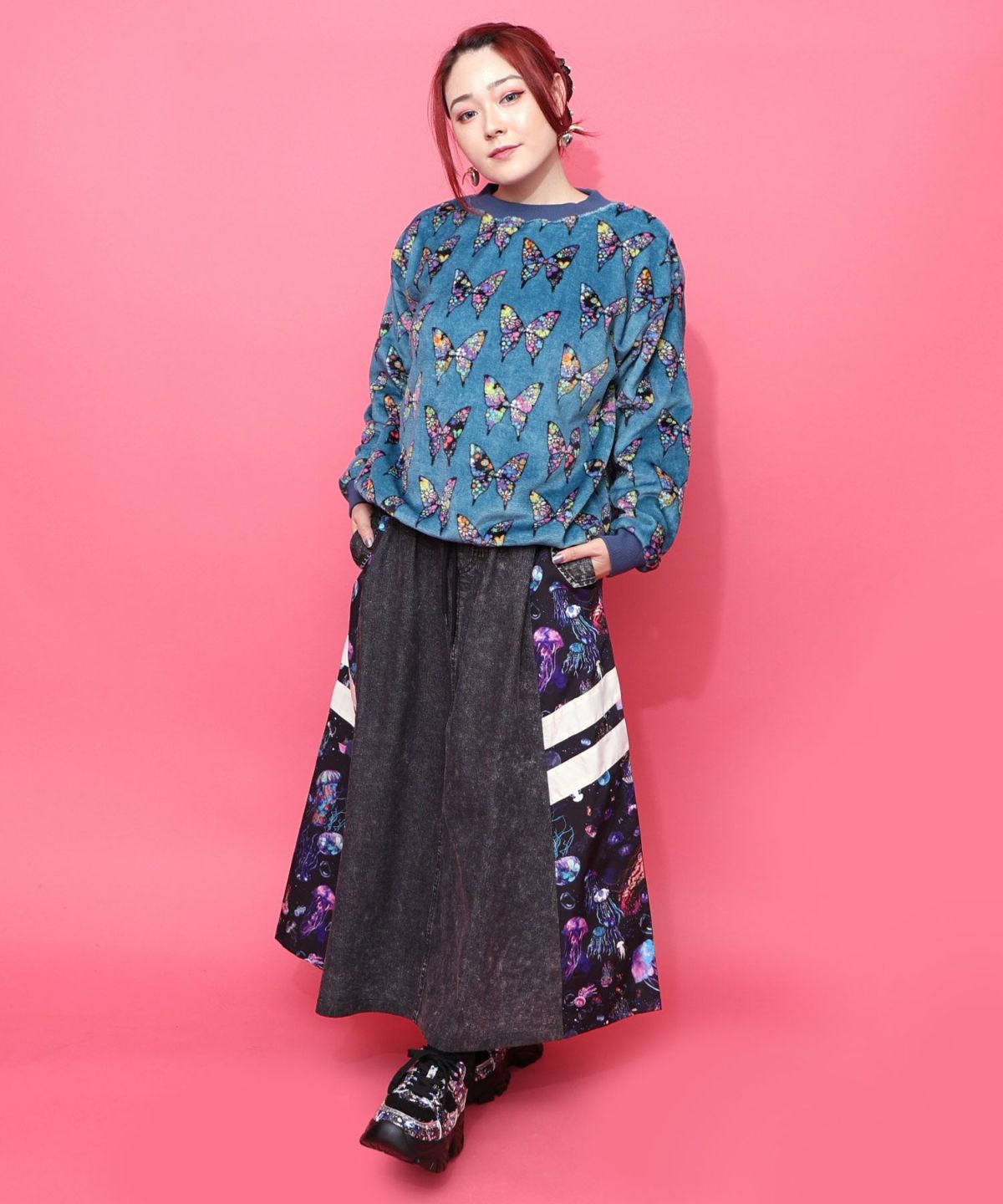 クラゲ柄ナイロン×デニムスカート-12