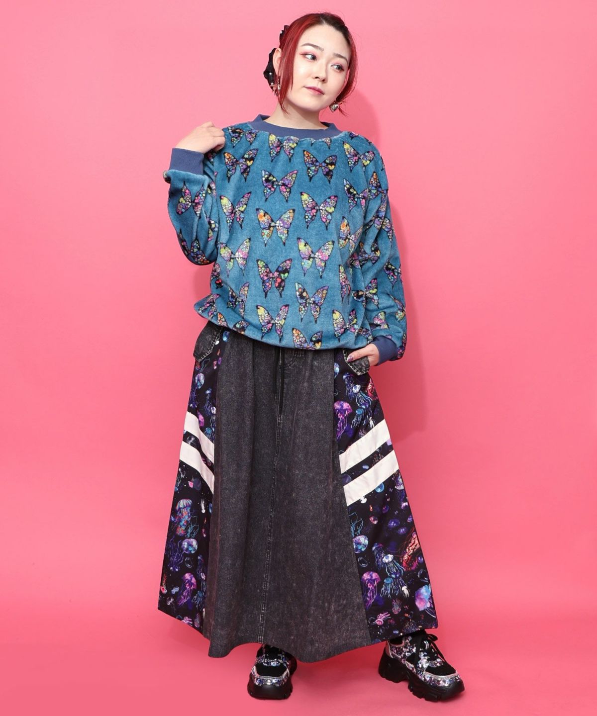 クラゲ柄ナイロン×デニムスカート-13