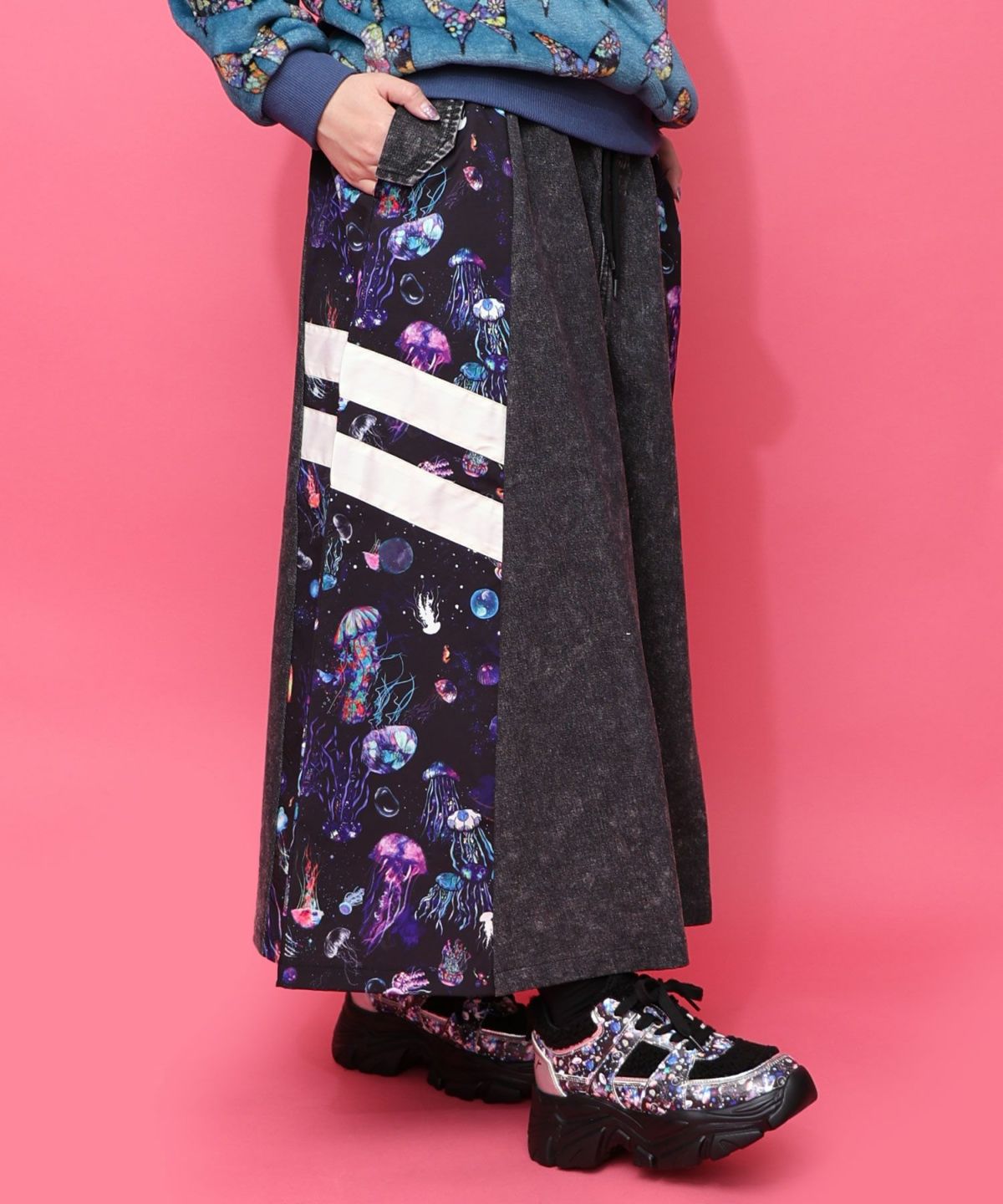 クラゲ柄ナイロン×デニムスカート-15