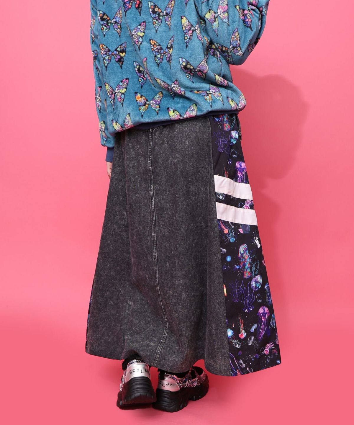 クラゲ柄ナイロン×デニムスカート-17