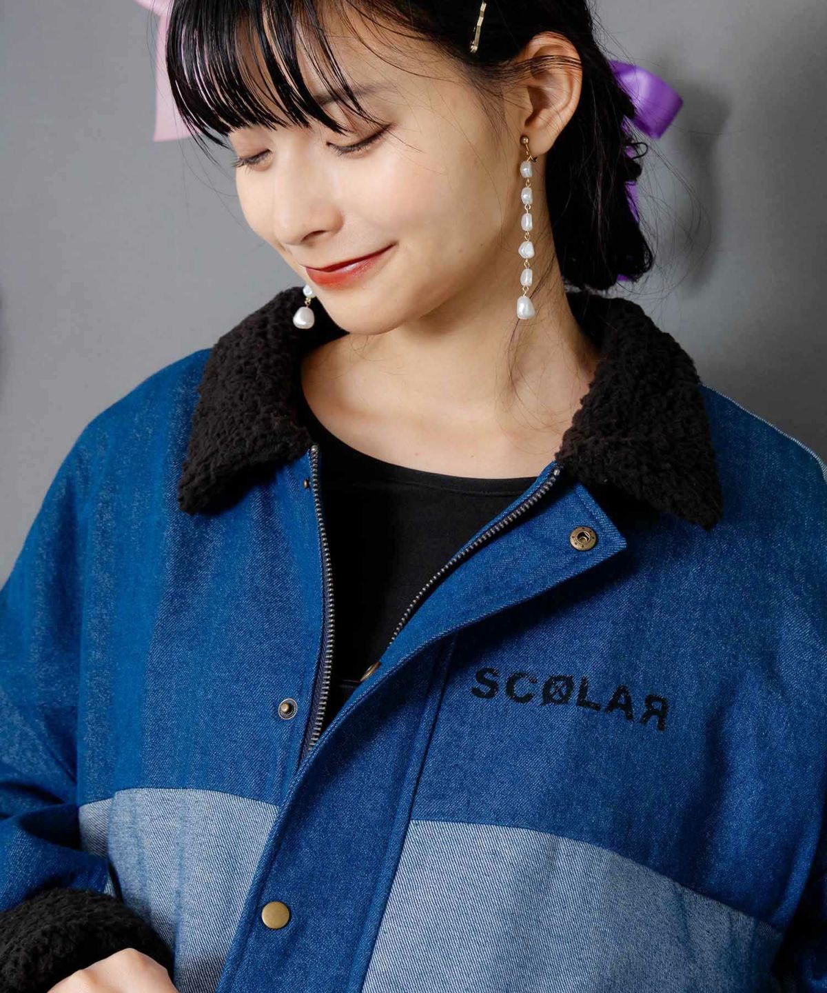 落書きモザイク柄デニム×ボアジャケット-3