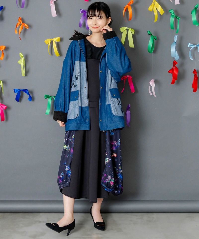 落書きモザイク柄デニム×ボアジャケット-4