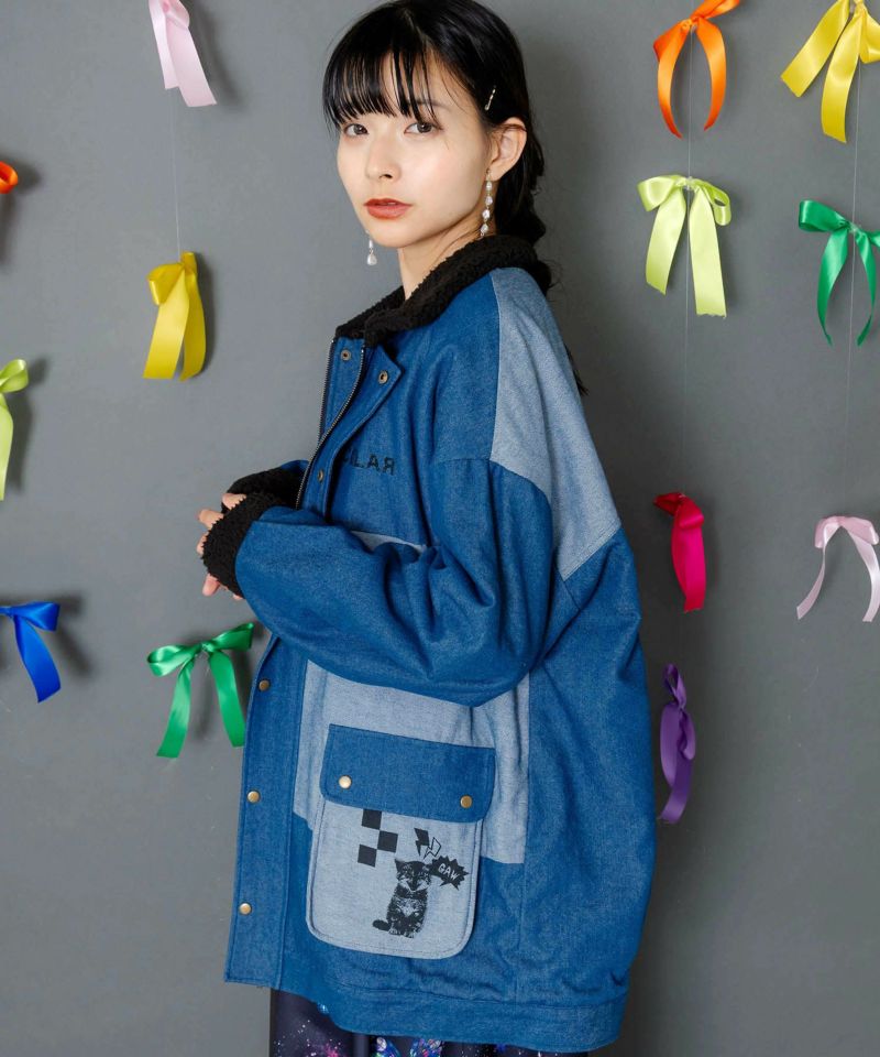 落書きモザイク柄デニム×ボアジャケット-7