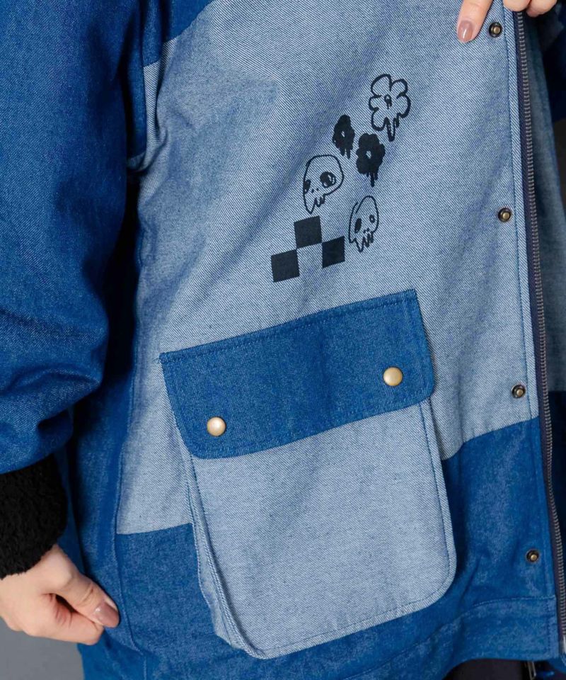 落書きモザイク柄デニム×ボアジャケット-8