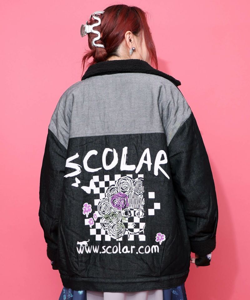 落書きモザイク柄デニム×ボアジャケット-17