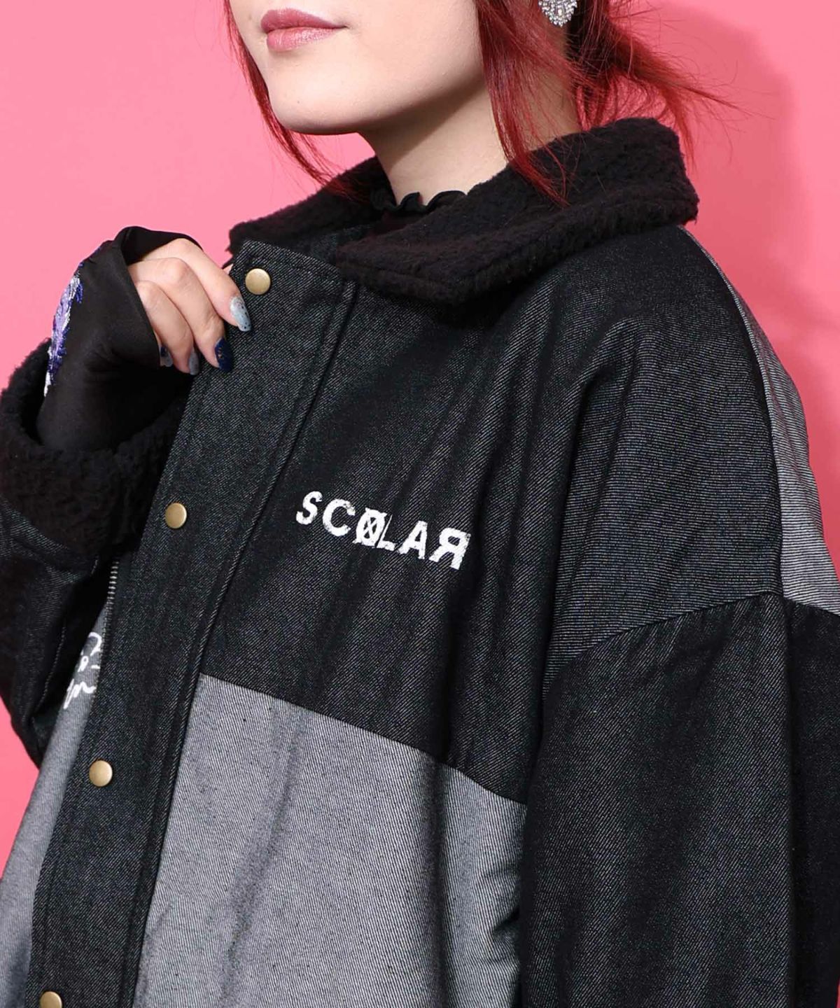 落書きモザイク柄デニム×ボアジャケット-19