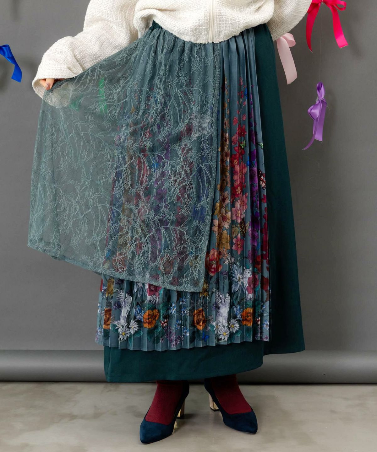 チュールスカート×花柄×プリーツスカート-1