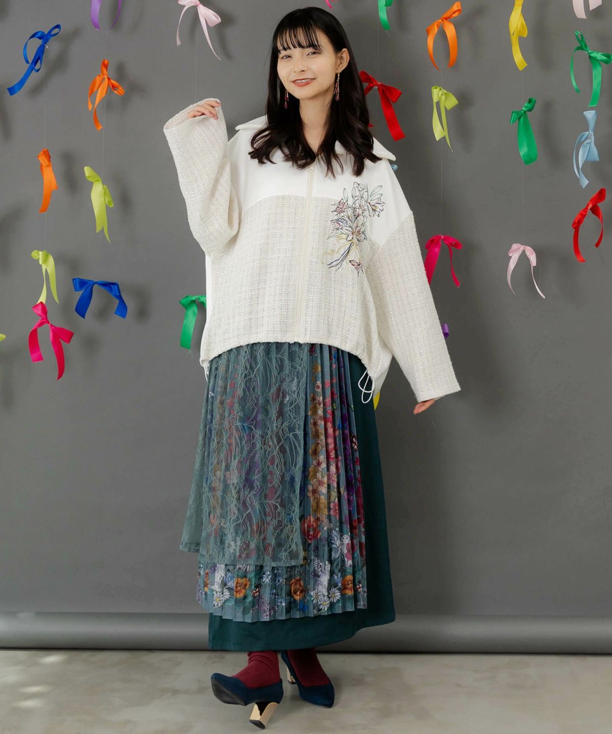 チュールスカート×花柄×プリーツスカート-2